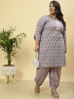 Plus Size Grey Ethnic Printed Kurta With Printed Afghani Salwar