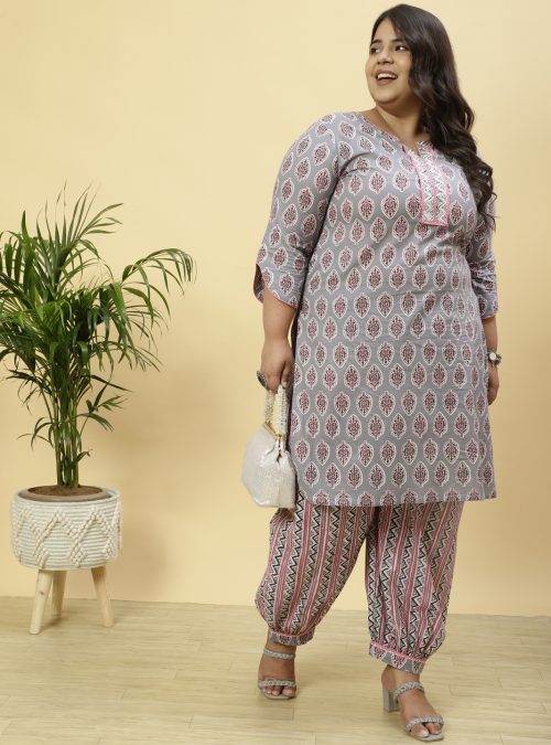 Plus Size Grey Ethnic Printed Kurta With Printed Afghani Salwar