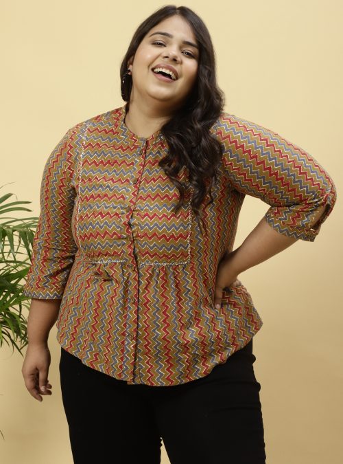 Plus Size Brown Zig-Zag Printed Top