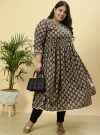 Plus Size Charcoal Grey Ethnic Printed Anarkali Kurta