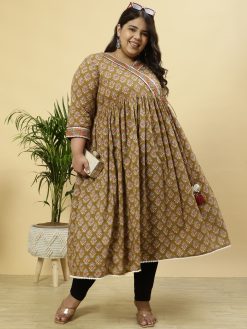 Plus Size Brown Ethnic Printed Anarkali Kurta