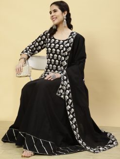 Ethnic Printed Black Short Kurti With Skirt And Dupatta
