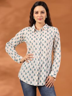 Turquoise Blue Ethnic Motif Lurex Shirt