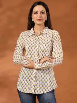 Yellow Ethnic Motif Printed Lurex Shirt