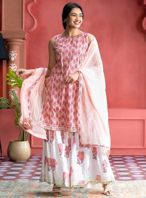 Peach Ethnic Floral Printed Straight Kurta With Printed Sharara And Dupatta