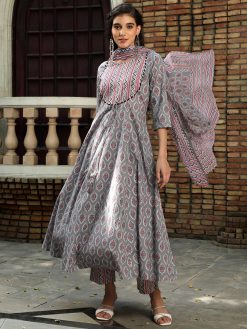 Grey Ethnic Printed Flared Kurta With Zig-Zag Printed Pants And Dupatta