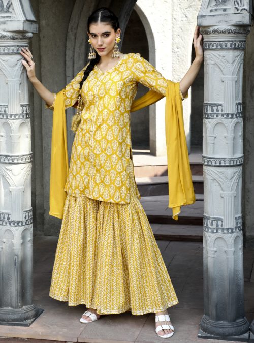 Yellow Ethnic Printed Straight Kurta With Sharara And Dupatta