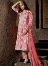 Peach Floral Print Flared Kurta With Pants And Dupatta