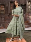 Olive Green Ethnic Printed Flared Kurta With Zig Zag Printed Pants And Dupatta