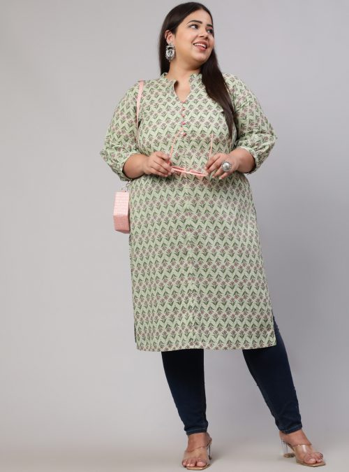 Plus Size Sage Green Ethnic Munghal Buti Printed Straight Kurta