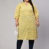 Plus Size Yellow Ethnic Mughal Buti Printed Straight Kurta