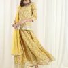 Yellow Floral Print Short Kurta With Skirt And Dupatta