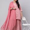 Plus Size Pink Ethnic Printed Kurti With Sharara And Chiffon Dupatta