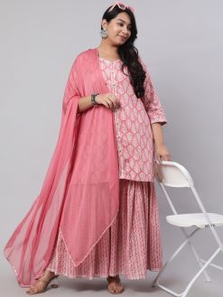 Plus Size Pink Ethnic Printed Kurti With Sharara And Chiffon Dupatta