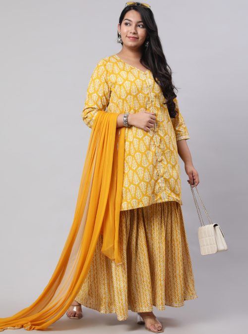 Plus Size Yellow Ethnic Printed Kurti With Sharara And Chiffon Dupatta