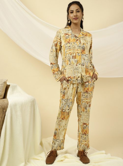 Yellow Geometric Print Jacket With Pants Co-ord Set