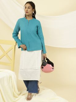 Turquoise Blue Pintuck Cotton Jacket