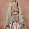 Sage Green Ethnic Floral Printed Straight Kurta With White Sharara And Dupatta