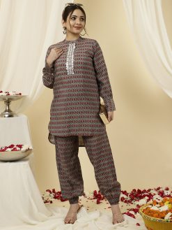 Maroon Mirror Work Short Kurta With Pants Co-ord Set