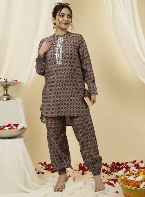 Maroon Mirror Work Short Kurta With Pants Co-ord Set