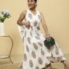 White Ethnic Floral Printed Cotton Flared Kurta With Pants