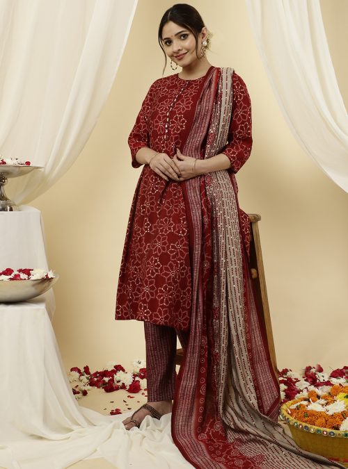 Red Bandhani Flared Print Kurta With Pants And Dupatta