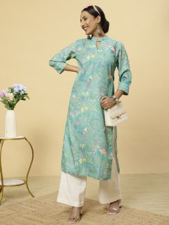 Floral Printed Green Straight Kurta